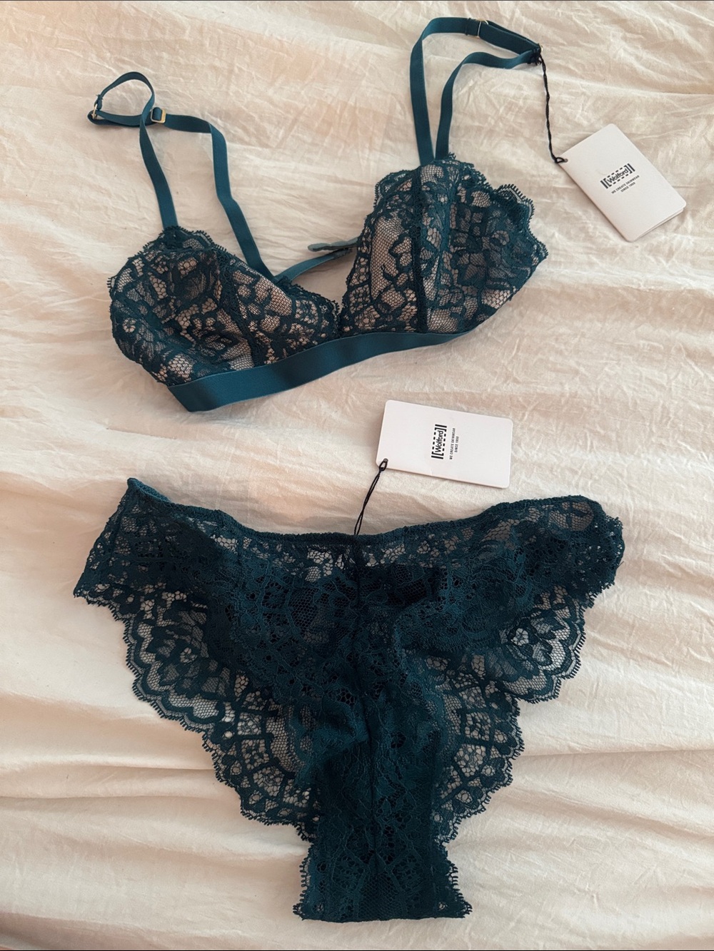 Wolford Dark Teal Lace Bralette and Bikini Set